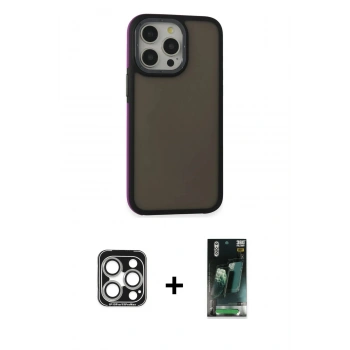 MARSİLYAN™- iPhone 15 Pro Max Kılıf Eksen Işık - Siyah 360 Mat Full Body Arka Koruyucu + PVD Metal Kamera Lens - GS