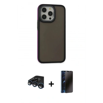 MARSİLYAN™- iPhone 15 Pro Max Kılıf Eksen Işık - Siyah 3D Antistatik Hayalet Cam Ekran Koruyucu + Raze Metal Kamera Lens - LT