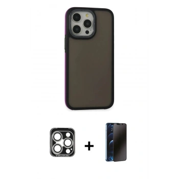MARSİLYAN™- iPhone 15 Pro Max Kılıf Eksen Işık - Siyah 3D Antistatik Hayalet Cam Ekran Koruyucu + PVD Metal Kamera Lens - GS