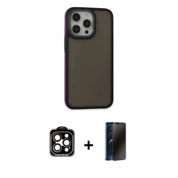 MARSİLYAN™- iPhone 15 Pro Max Kılıf Eksen Işık - Siyah 3D Antistatik Hayalet Cam Ekran Koruyucu + PVD Metal Kamera Lens - TU