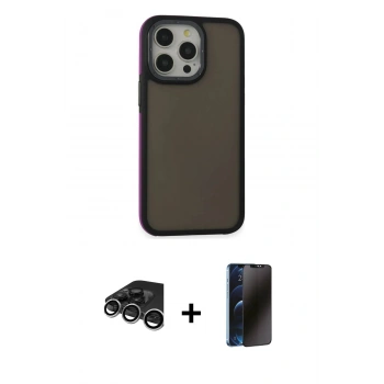 MARSİLYAN™- iPhone 15 Pro Max Kılıf Eksen Işık - Siyah 3D Antistatik Hayalet Cam Ekran Koruyucu + Raze Metal Kamera Lens - GS