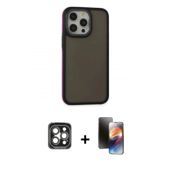 MARSİLYAN™- iPhone 15 Pro Max Kılıf Eksen Işık - Siyah 3D Antistatik Mat Seramik Nano Ekran Koruyucu + PVD Metal Kamera Lens - GI