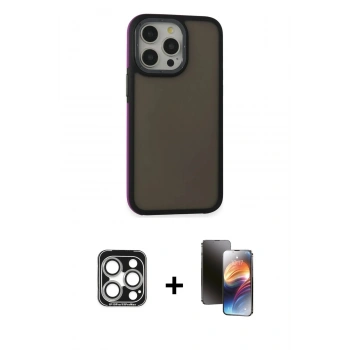 MARSİLYAN™- iPhone 15 Pro Max Kılıf Eksen Işık - Siyah 3D Antistatik Mat Seramik Nano Ekran Koruyucu + PVD Metal Kamera Lens - GS