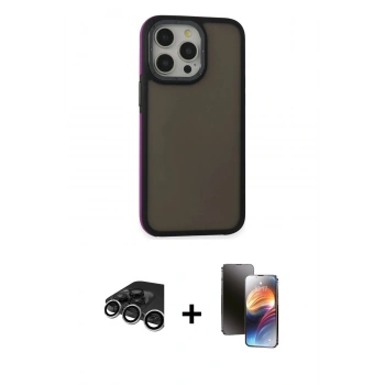 MARSİLYAN™- iPhone 15 Pro Max Kılıf Eksen Işık - Siyah 3D Antistatik Mat Seramik Nano Ekran Koruyucu + Raze Metal Kamera Lens - GS