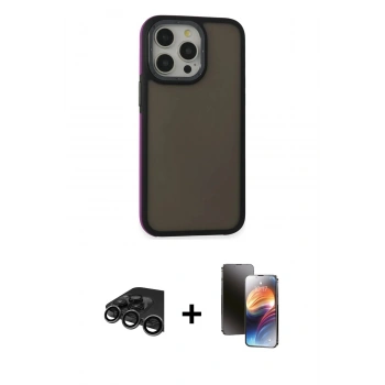 MARSİLYAN™- iPhone 15 Pro Max Kılıf Eksen Işık - Siyah 3D Antistatik Mat Seramik Nano Ekran Koruyucu + Raze Metal Kamera Lens - TMGI