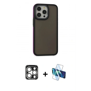MARSİLYAN™- iPhone 15 Pro Max Kılıf Eksen Işık - Siyah 3D Antistatik Seramik Nano Ekran Koruyucu + PVD Metal Kamera Lens - GS