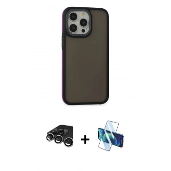 MARSİLYAN™- iPhone 15 Pro Max Kılıf Eksen Işık - Siyah 3D Antistatik Seramik Nano Ekran Koruyucu + Raze Metal Kamera Lens - GS