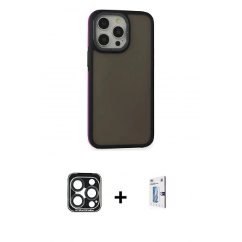 MARSİLYAN™- iPhone 15 Pro Max Kılıf Eksen Işık - Siyah Bilvis 0.18mm Plus Cam Ekran Koruyucu + PVD Metal Kamera Lens - LT