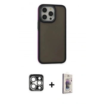 MARSİLYAN™- iPhone 15 Pro Max Kılıf Eksen Işık - Siyah Bilvis 3D Cam Ekran Koruyucu + PVD Metal Kamera Lens - GS
