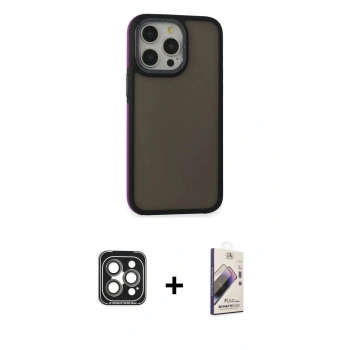 MARSİLYAN™- iPhone 15 Pro Max Kılıf Eksen Işık - Siyah Bilvis 3D Mat Cam Ekran Koruyucu + PVD Metal Kamera Lens - GI