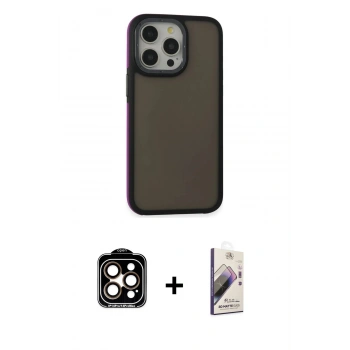MARSİLYAN™- iPhone 15 Pro Max Kılıf Eksen Işık - Siyah Bilvis 3D Mat Cam Ekran Koruyucu + PVD Metal Kamera Lens - TU