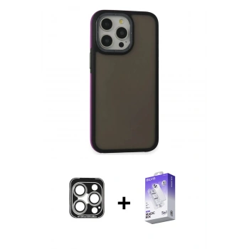 MARSİLYAN™- iPhone 15 Pro Max Kılıf Eksen Işık - Siyah Bilvis 5in1 3D Magic Cam Ekran Koruyucu + PVD Metal Kamera Lens - GS