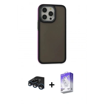 MARSİLYAN™- iPhone 15 Pro Max Kılıf Eksen Işık - Siyah Bilvis 5in1 3D Magic Cam Ekran Koruyucu + Raze Metal Kamera Lens - LT