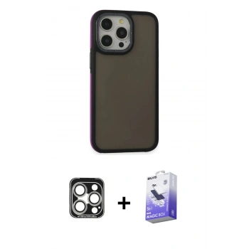 MARSİLYAN™- iPhone 15 Pro Max Kılıf Eksen Işık - Siyah Bilvis 5in1 5D Magic Hayalet Cam Ekran Koruyucu + PVD Metal Kamera Lens - GS