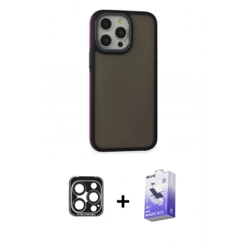 MARSİLYAN™- iPhone 15 Pro Max Kılıf Eksen Işık - Siyah Bilvis 5in1 5D Magic Hayalet Cam Ekran Koruyucu + PVD Metal Kamera Lens - LT