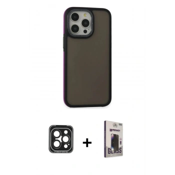 MARSİLYAN™- iPhone 15 Pro Max Kılıf Eksen Işık - Siyah Bilvis Hayalet Cam Ekran Koruyucu + PVD Metal Kamera Lens - SH