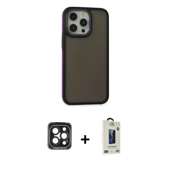 MARSİLYAN™- iPhone 15 Pro Max Kılıf Eksen Işık - Siyah Bilvis Hayalet Cam Ekran Koruyucu + PVD Metal Kamera Lens - SH