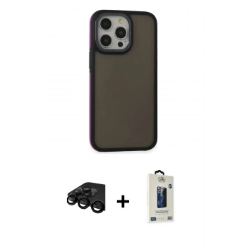 MARSİLYAN™- iPhone 15 Pro Max Kılıf Eksen Işık - Siyah Bilvis Hayalet Cam Ekran Koruyucu + Raze Metal Kamera Lens - SH