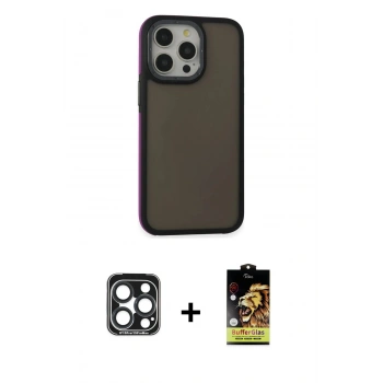 MARSİLYAN™- iPhone 15 Pro Max Kılıf Eksen Işık - Siyah Buffer Cam Ekran Koruyucu + PVD Metal Kamera Lens - LT