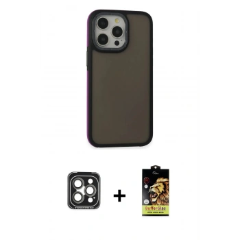 MARSİLYAN™- iPhone 15 Pro Max Kılıf Eksen Işık - Siyah Buffer Cam Ekran Koruyucu + PVD Metal Kamera Lens - GI