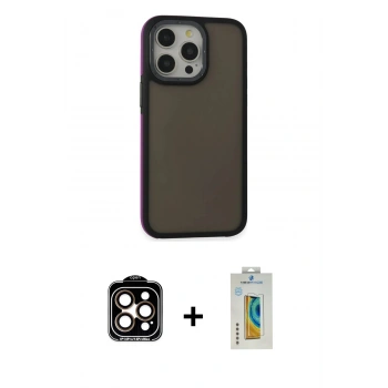 MARSİLYAN™- iPhone 15 Pro Max Kılıf Eksen Işık - Siyah Polymer Nano Ekran Koruyucu + PVD Metal Kamera Lens - TU