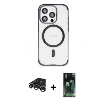 MARSİLYAN™- iPhone 15 Pro Max Kılıf Eksen Klasik Koleksiyonu - Şeffaf 360 Full Body Arka Koruyucu + Raze Metal Kamera Lens - GS