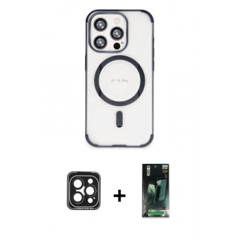 MARSİLYAN™- iPhone 15 Pro Max Kılıf Eksen Klasik Koleksiyonu - Şeffaf 360 Full Body Arka Koruyucu + PVD Metal Kamera Lens - SH