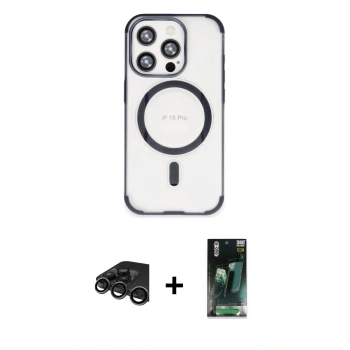 MARSİLYAN™- iPhone 15 Pro Max Kılıf Eksen Klasik Koleksiyonu - Şeffaf 360 Full Body Arka Koruyucu + Raze Metal Kamera Lens - TMGI