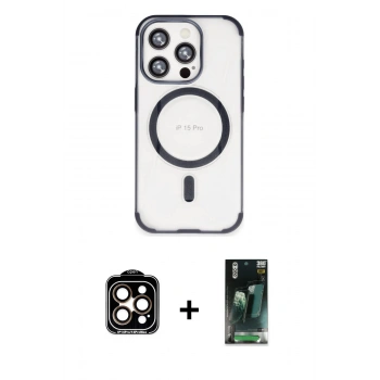 MARSİLYAN™- iPhone 15 Pro Max Kılıf Eksen Klasik Koleksiyonu - Şeffaf 360 Full Body Arka Koruyucu + PVD Metal Kamera Lens - TU