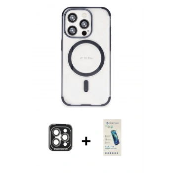 MARSİLYAN™- iPhone 15 Pro Max Kılıf Eksen Klasik Koleksiyonu - Şeffaf Pasifik Cam Ekran Koruyucu + PVD Metal Kamera Lens - GI