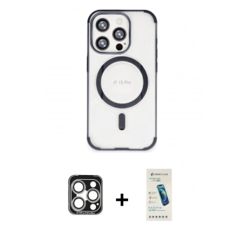 MARSİLYAN™- iPhone 15 Pro Max Kılıf Eksen Klasik Koleksiyonu - Şeffaf Pasifik Cam Ekran Koruyucu + PVD Metal Kamera Lens - GS