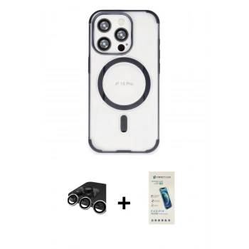 MARSİLYAN™- iPhone 15 Pro Max Kılıf Eksen Klasik Koleksiyonu - Şeffaf Pasifik Cam Ekran Koruyucu + Raze Metal Kamera Lens - GS