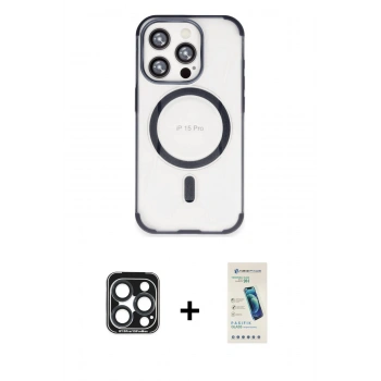 MARSİLYAN™- iPhone 15 Pro Max Kılıf Eksen Klasik Koleksiyonu - Şeffaf Pasifik Cam Ekran Koruyucu + PVD Metal Kamera Lens - LT