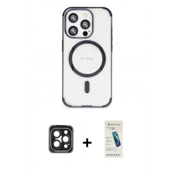 MARSİLYAN™- iPhone 15 Pro Max Kılıf Eksen Klasik Koleksiyonu - Şeffaf Pasifik Cam Ekran Koruyucu + PVD Metal Kamera Lens - SH