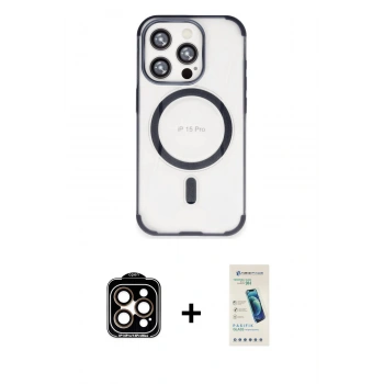 MARSİLYAN™- iPhone 15 Pro Max Kılıf Eksen Klasik Koleksiyonu - Şeffaf Pasifik Cam Ekran Koruyucu + PVD Metal Kamera Lens - TU