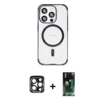 MARSİLYAN™- iPhone 15 Pro Max Kılıf Eksen Klasik Koleksiyonu - Siyah 360 Mat Full Body Arka Koruyucu + PVD Metal Kamera Lens - LT