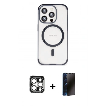 MARSİLYAN™- iPhone 15 Pro Max Kılıf Eksen Klasik Koleksiyonu - Siyah 3D Antistatik Hayalet Cam Ekran Koruyucu + PVD Metal Kamera Lens - GS