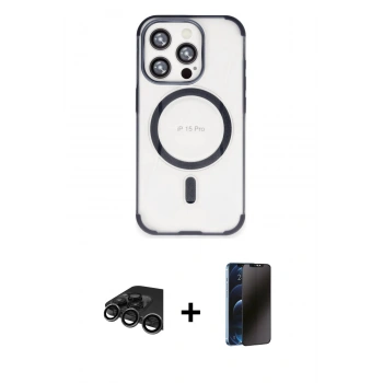 MARSİLYAN™- iPhone 15 Pro Max Kılıf Eksen Klasik Koleksiyonu - Siyah 3D Antistatik Hayalet Cam Ekran Koruyucu + Raze Metal Kamera Lens - TMGI