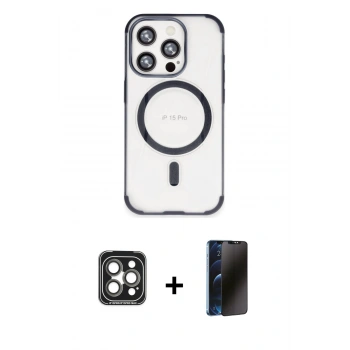 MARSİLYAN™- iPhone 15 Pro Max Kılıf Eksen Klasik Koleksiyonu - Siyah 3D Antistatik Hayalet Cam Ekran Koruyucu + PVD Metal Kamera Lens - GI