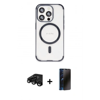 MARSİLYAN™- iPhone 15 Pro Max Kılıf Eksen Klasik Koleksiyonu - Siyah 3D Antistatik Hayalet Cam Ekran Koruyucu + Raze Metal Kamera Lens - SH
