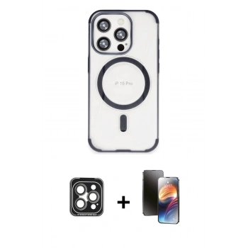 MARSİLYAN™- iPhone 15 Pro Max Kılıf Eksen Klasik Koleksiyonu - Siyah 3D Antistatik Mat Seramik Nano Ekran Koruyucu + PVD Metal Kamera Lens - GI