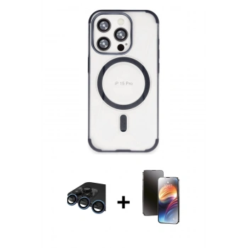 MARSİLYAN™- iPhone 15 Pro Max Kılıf Eksen Klasik Koleksiyonu - Siyah 3D Antistatik Mat Seramik Nano Ekran Koruyucu + Raze Metal Kamera Lens - LT
