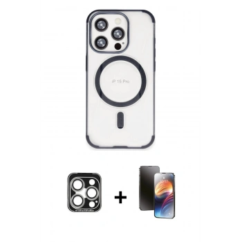 MARSİLYAN™- iPhone 15 Pro Max Kılıf Eksen Klasik Koleksiyonu - Siyah 3D Antistatik Mat Seramik Nano Ekran Koruyucu + PVD Metal Kamera Lens - GS