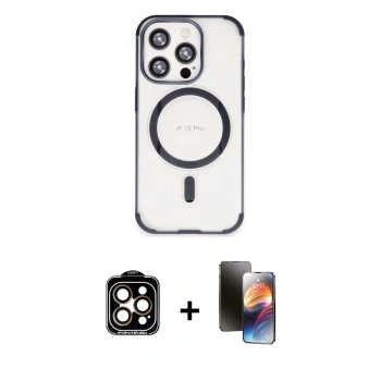 MARSİLYAN™- iPhone 15 Pro Max Kılıf Eksen Klasik Koleksiyonu - Siyah 3D Antistatik Mat Seramik Nano Ekran Koruyucu + PVD Metal Kamera Lens - TU