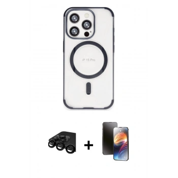 MARSİLYAN™- iPhone 15 Pro Max Kılıf Eksen Klasik Koleksiyonu - Siyah 3D Antistatik Mat Seramik Nano Ekran Koruyucu + Raze Metal Kamera Lens - SH