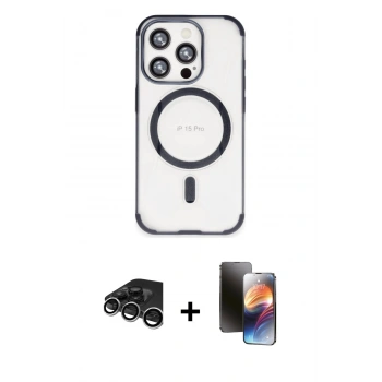 MARSİLYAN™- iPhone 15 Pro Max Kılıf Eksen Klasik Koleksiyonu - Siyah 3D Antistatik Mat Seramik Nano Ekran Koruyucu + Raze Metal Kamera Lens - GS