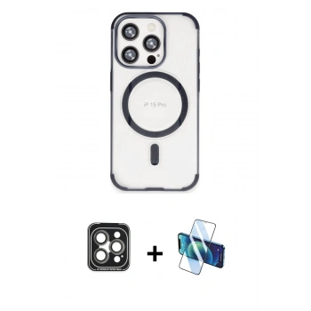 MARSİLYAN™- iPhone 15 Pro Max Kılıf Eksen Klasik Koleksiyonu - Siyah 3D Antistatik Seramik Nano Ekran Koruyucu + PVD Metal Kamera Lens - GI