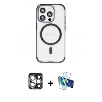 MARSİLYAN™- iPhone 15 Pro Max Kılıf Eksen Klasik Koleksiyonu - Siyah 3D Antistatik Seramik Nano Ekran Koruyucu + PVD Metal Kamera Lens - GS