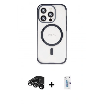 MARSİLYAN™- iPhone 15 Pro Max Kılıf Eksen Klasik Koleksiyonu - Siyah Bilvis 0.18mm Plus Cam Ekran Koruyucu + Raze Metal Kamera Lens - GS