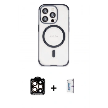 MARSİLYAN™- iPhone 15 Pro Max Kılıf Eksen Klasik Koleksiyonu - Siyah Bilvis 0.18mm Plus Cam Ekran Koruyucu + PVD Metal Kamera Lens - TU
